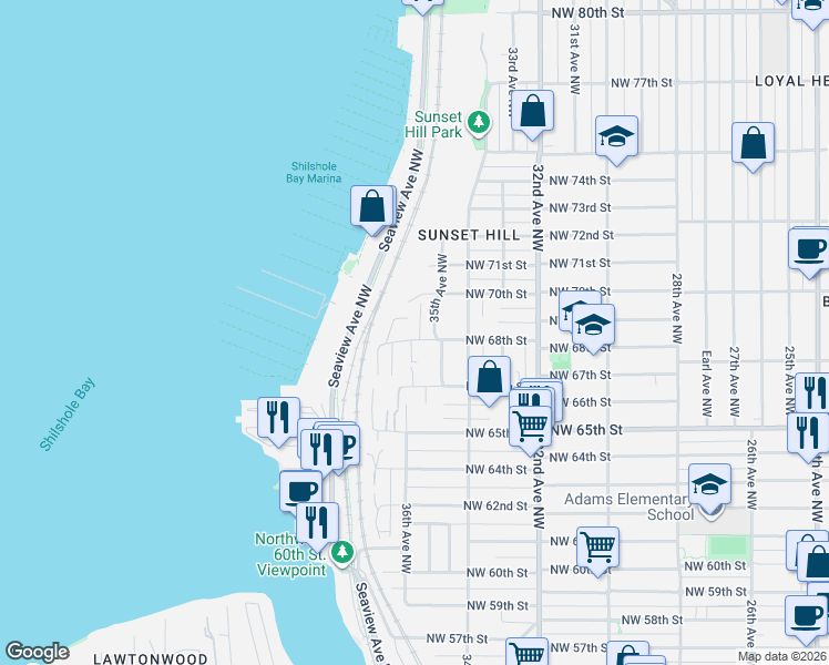map of restaurants, bars, coffee shops, grocery stores, and more near 6801 Stanton Place Northwest in Seattle