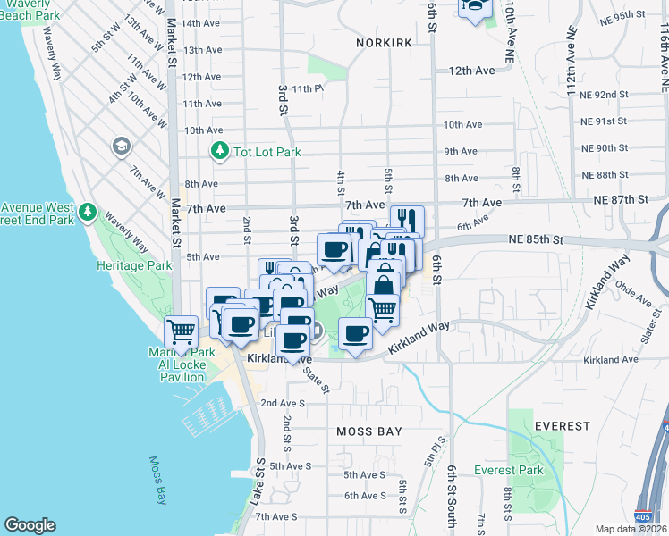 map of restaurants, bars, coffee shops, grocery stores, and more near 343 4th Avenue in Kirkland