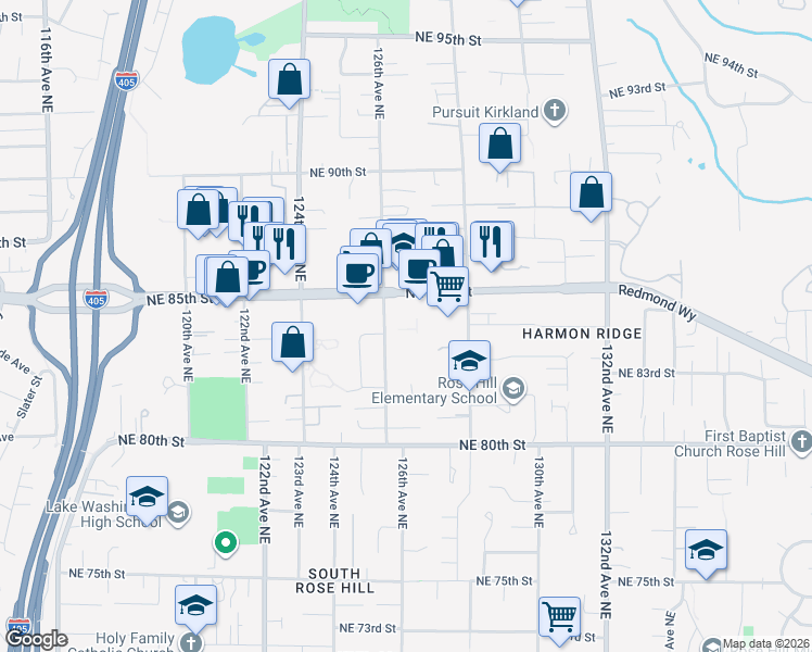 map of restaurants, bars, coffee shops, grocery stores, and more near 8240 126th Avenue Northeast in Kirkland