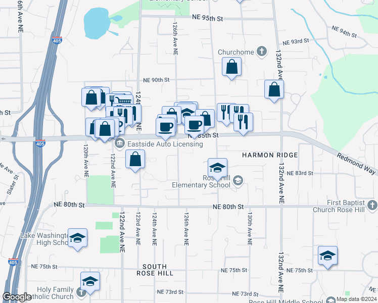 map of restaurants, bars, coffee shops, grocery stores, and more near 8248 126th Avenue Northeast in Kirkland