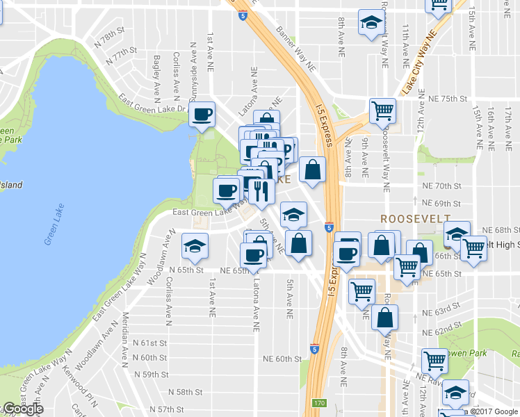 map of restaurants, bars, coffee shops, grocery stores, and more near 6969 Woodlawn Ave NE in Seattle