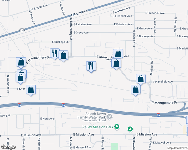 map of restaurants, bars, coffee shops, grocery stores, and more near 11016 East Montgomery Drive in Spokane
