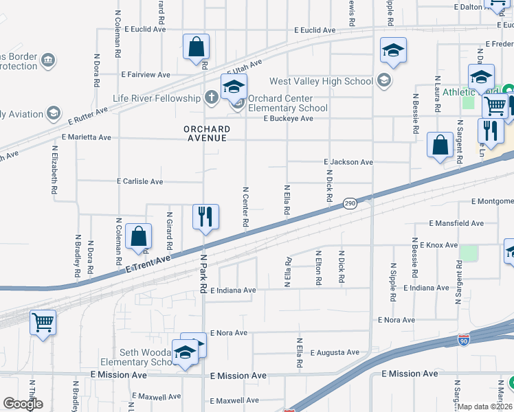 map of restaurants, bars, coffee shops, grocery stores, and more near 2409 Ella Road in Spokane Valley