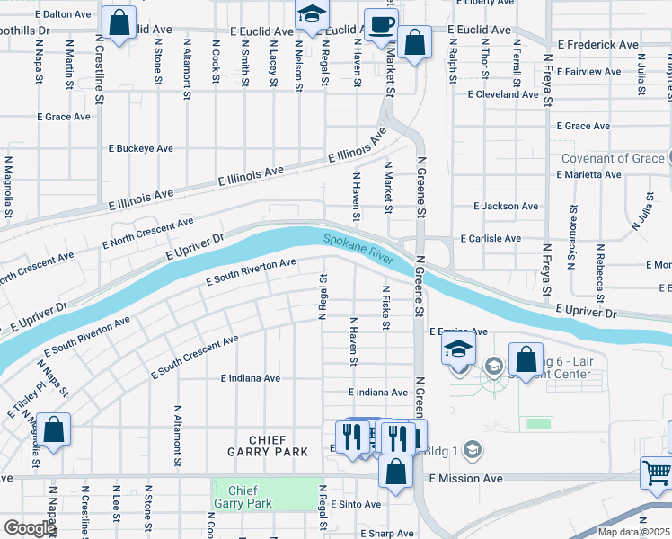 map of restaurants, bars, coffee shops, grocery stores, and more near 46 North Regal Street in Spokane