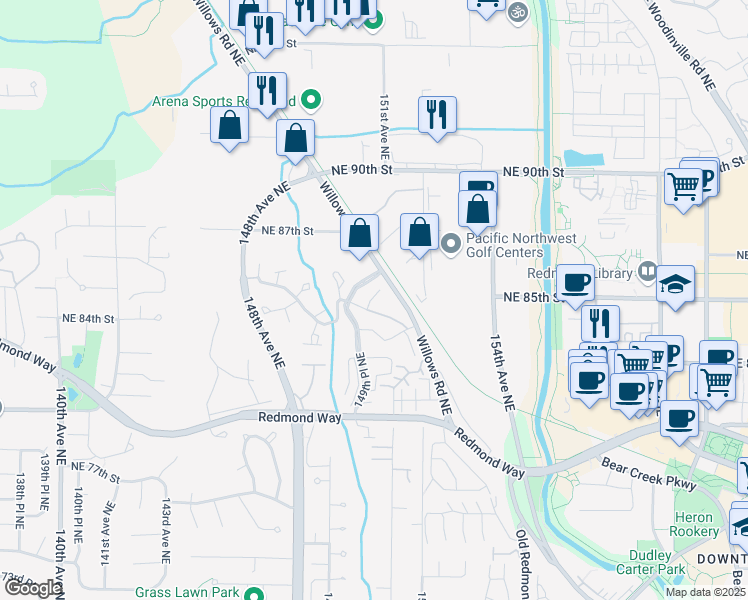 map of restaurants, bars, coffee shops, grocery stores, and more near 2008 149th Place Northeast in Redmond