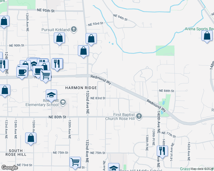 map of restaurants, bars, coffee shops, grocery stores, and more near 8431 134th Avenue Northeast in Redmond