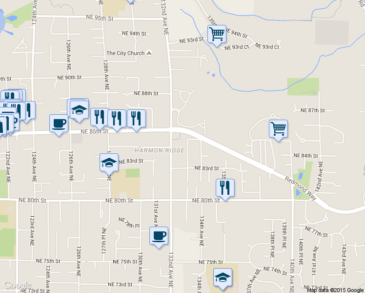 map of restaurants, bars, coffee shops, grocery stores, and more near 13221 Redmond Way in Redmond