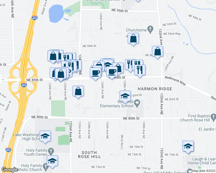 map of restaurants, bars, coffee shops, grocery stores, and more near 12607 Northeast 85th Street in Kirkland