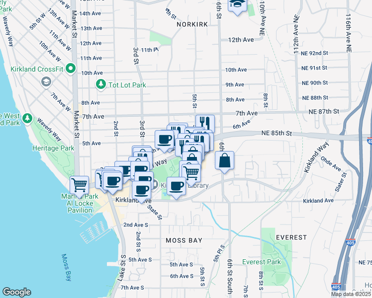 map of restaurants, bars, coffee shops, grocery stores, and more near 450 Central Way in Kirkland