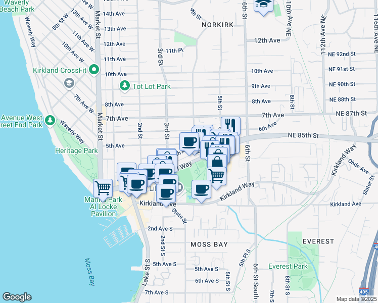 map of restaurants, bars, coffee shops, grocery stores, and more near 318 4th Avenue in Kirkland