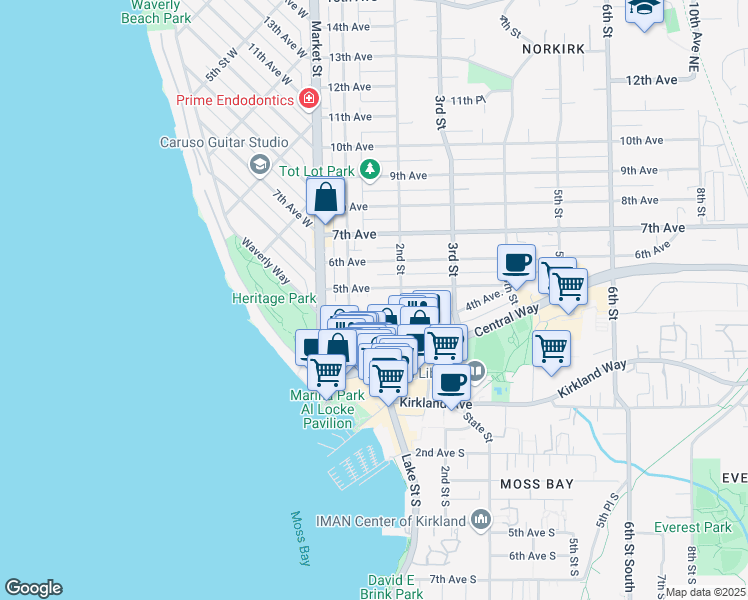 map of restaurants, bars, coffee shops, grocery stores, and more near 106 5th Avenue in Kirkland