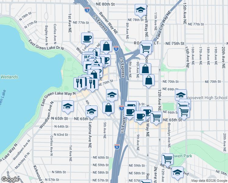 map of restaurants, bars, coffee shops, grocery stores, and more near 505 Northeast 70th Street in Seattle