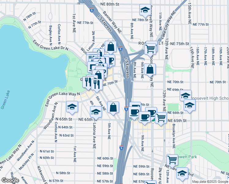 map of restaurants, bars, coffee shops, grocery stores, and more near 505 Northeast 70th Street in Seattle