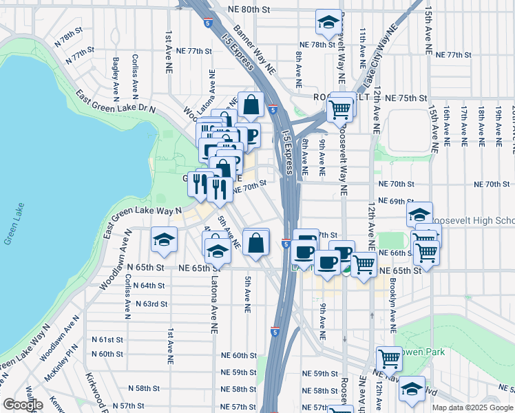 map of restaurants, bars, coffee shops, grocery stores, and more near 6845 Oswego Place Northeast in Seattle