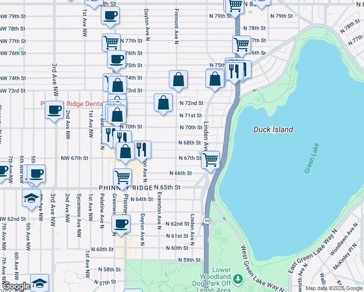 map of restaurants, bars, coffee shops, grocery stores, and more near 718 North 68th Street in Seattle