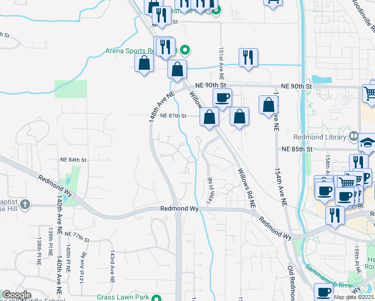 map of restaurants, bars, coffee shops, grocery stores, and more near 8401 Willows Road in Redmond