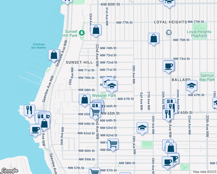 map of restaurants, bars, coffee shops, grocery stores, and more near 3026 Northwest 69th Street in Seattle