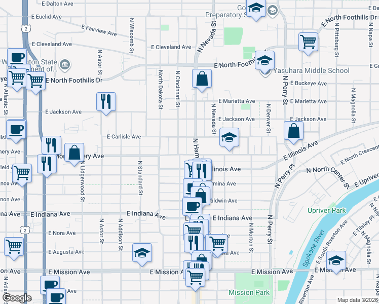 map of restaurants, bars, coffee shops, grocery stores, and more near 2217 North Hamilton Street in Spokane