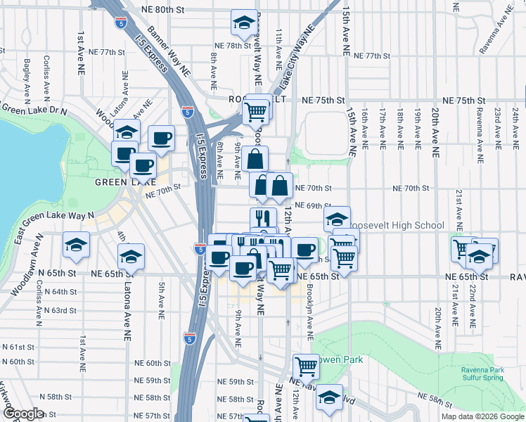 map of restaurants, bars, coffee shops, grocery stores, and more near 6810 Roosevelt Way Northeast in Seattle