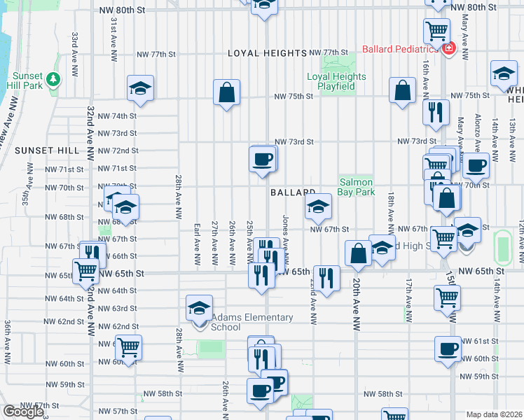 map of restaurants, bars, coffee shops, grocery stores, and more near 6727 24th Avenue Northwest in Seattle