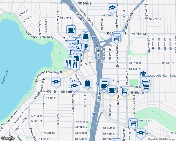 map of restaurants, bars, coffee shops, grocery stores, and more near 6820 Oswego Place Northeast in Seattle