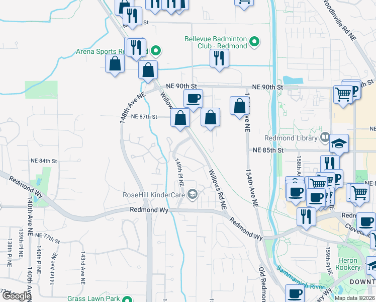 map of restaurants, bars, coffee shops, grocery stores, and more near 2008 149th Place Northeast in Redmond