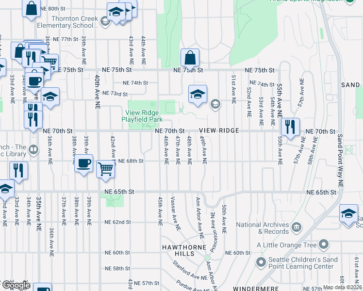 map of restaurants, bars, coffee shops, grocery stores, and more near 6832 47th Avenue Northeast in Seattle