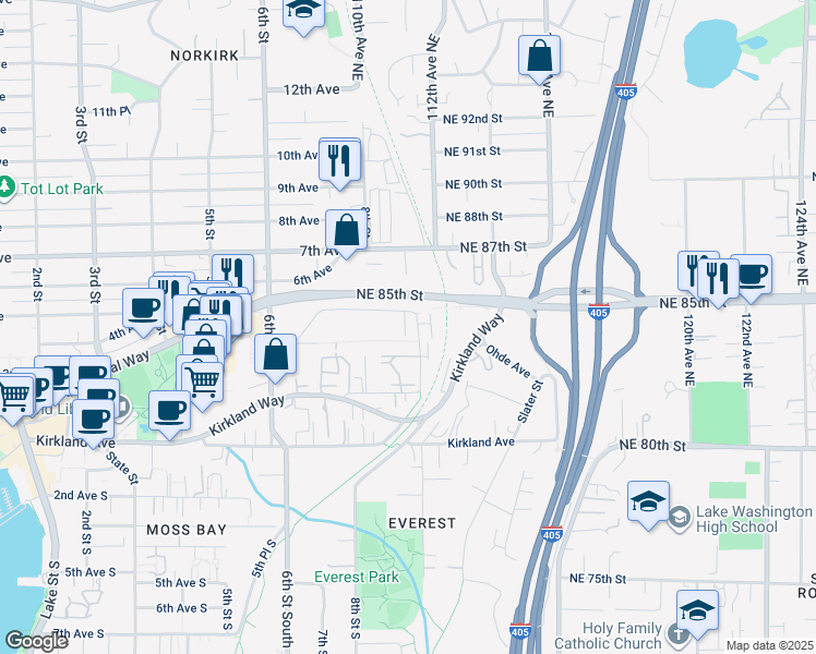 map of restaurants, bars, coffee shops, grocery stores, and more near 929 5th Avenue in Kirkland