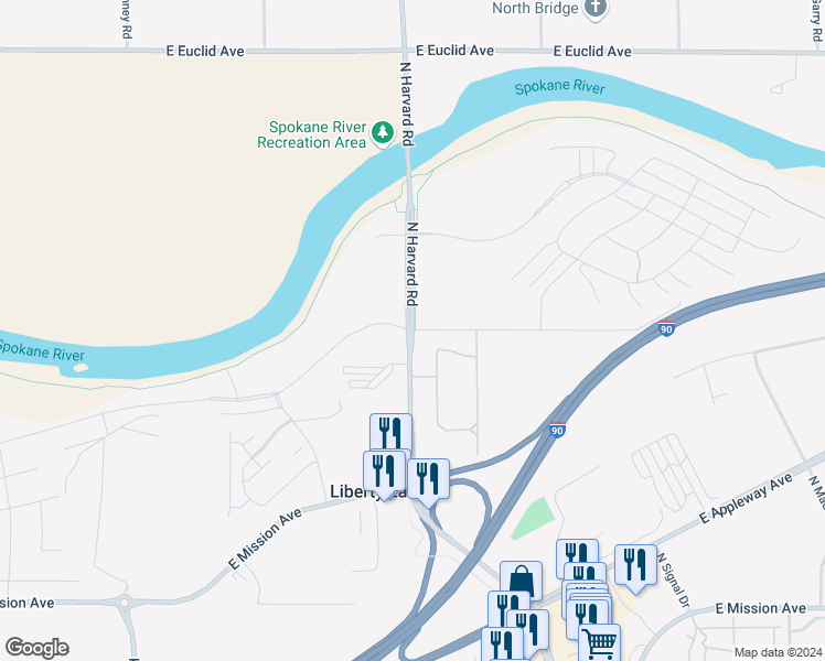 map of restaurants, bars, coffee shops, grocery stores, and more near 2410 North Harvard Road in Liberty Lake