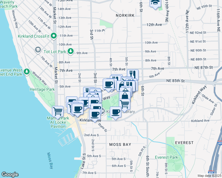map of restaurants, bars, coffee shops, grocery stores, and more near 318 4th Avenue in Kirkland