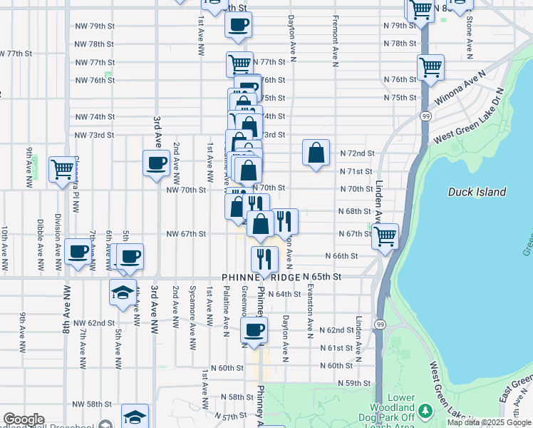 map of restaurants, bars, coffee shops, grocery stores, and more near 416 North 68th Street in Seattle