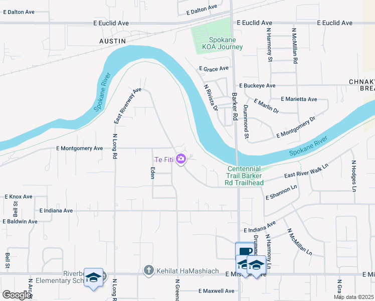 map of restaurants, bars, coffee shops, grocery stores, and more near 18313 East Riverway Avenue in Spokane Valley