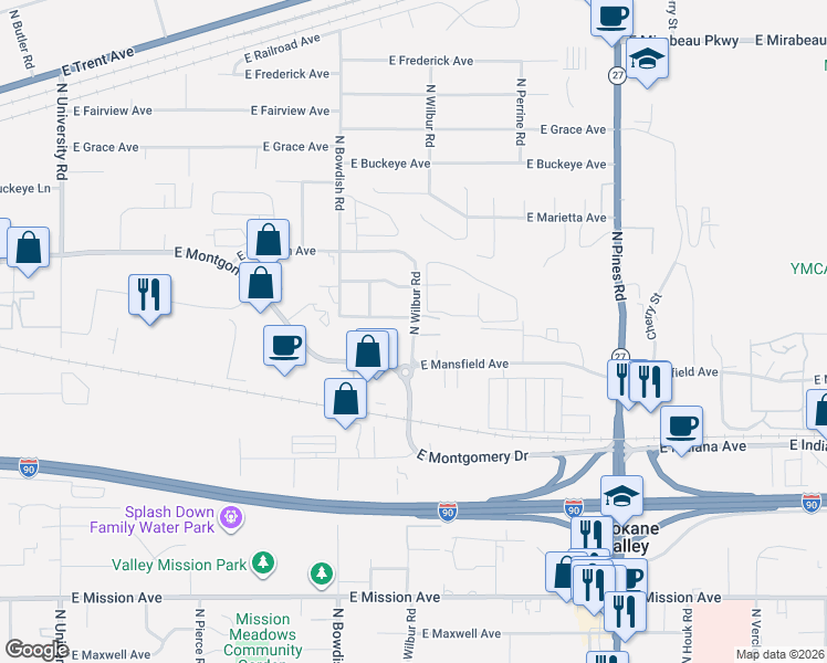 map of restaurants, bars, coffee shops, grocery stores, and more near 2332 North Wilbur Road in Spokane Valley