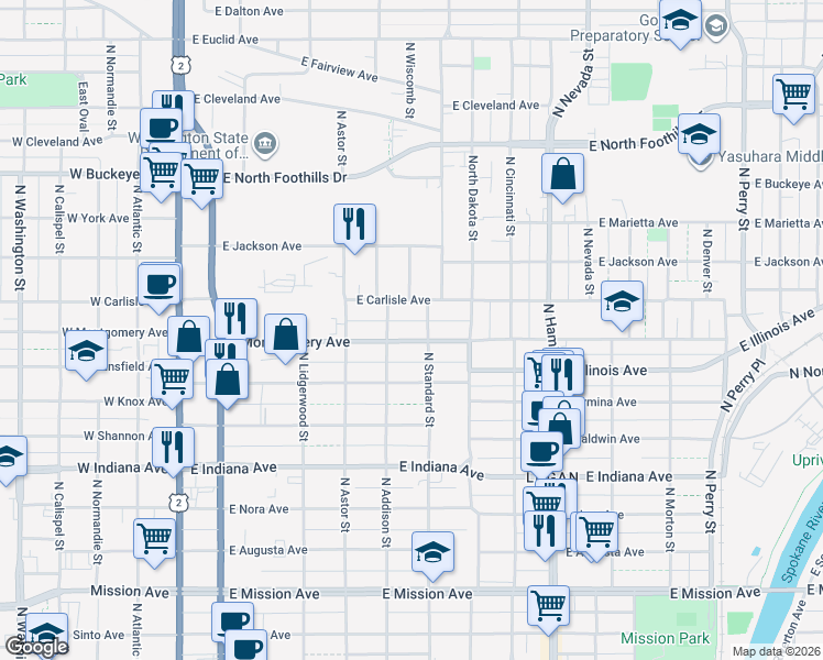 map of restaurants, bars, coffee shops, grocery stores, and more near 561 East Carlisle Avenue in Spokane