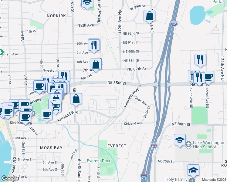 map of restaurants, bars, coffee shops, grocery stores, and more near 929 5th Avenue in Kirkland
