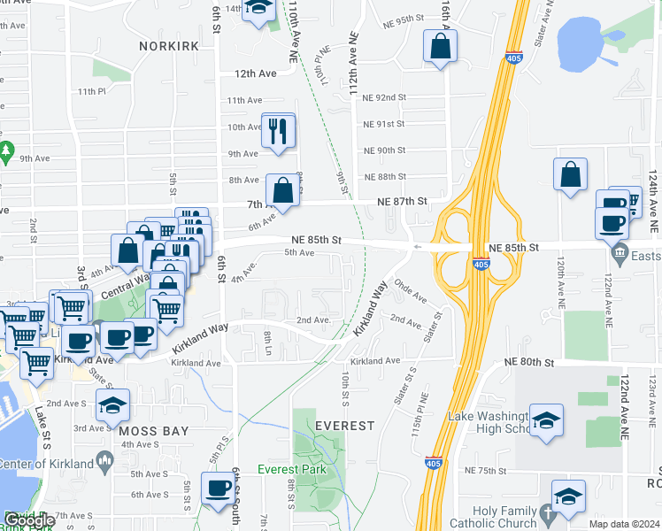 map of restaurants, bars, coffee shops, grocery stores, and more near 929 5th Avenue in Kirkland
