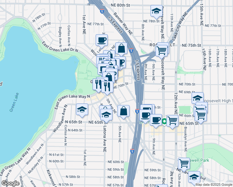 map of restaurants, bars, coffee shops, grocery stores, and more near 6845 Oswego Place Northeast in Seattle