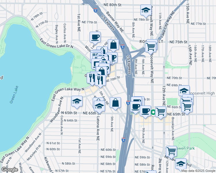 map of restaurants, bars, coffee shops, grocery stores, and more near 6845 Oswego Place Northeast in Seattle