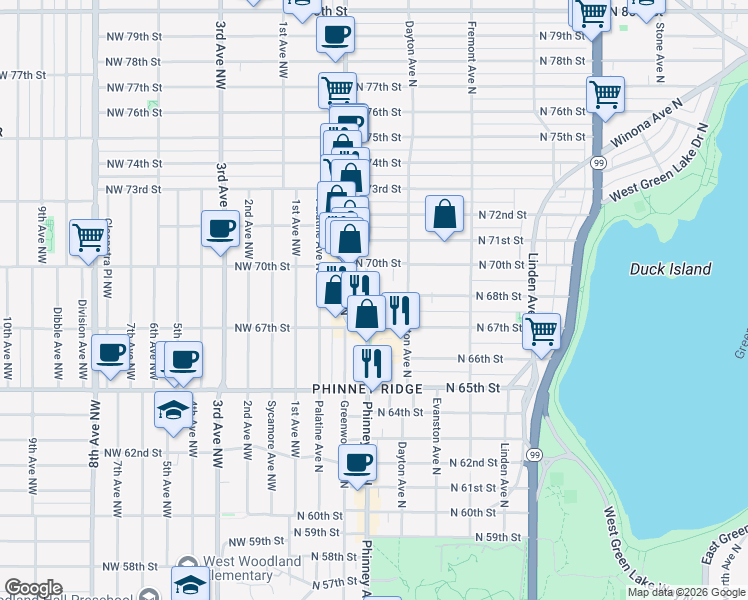 map of restaurants, bars, coffee shops, grocery stores, and more near 416 North 68th Street in Seattle
