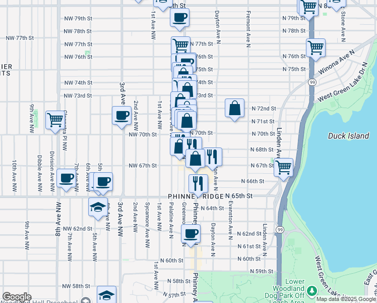 map of restaurants, bars, coffee shops, grocery stores, and more near 6804 Greenwood Avenue North in Seattle