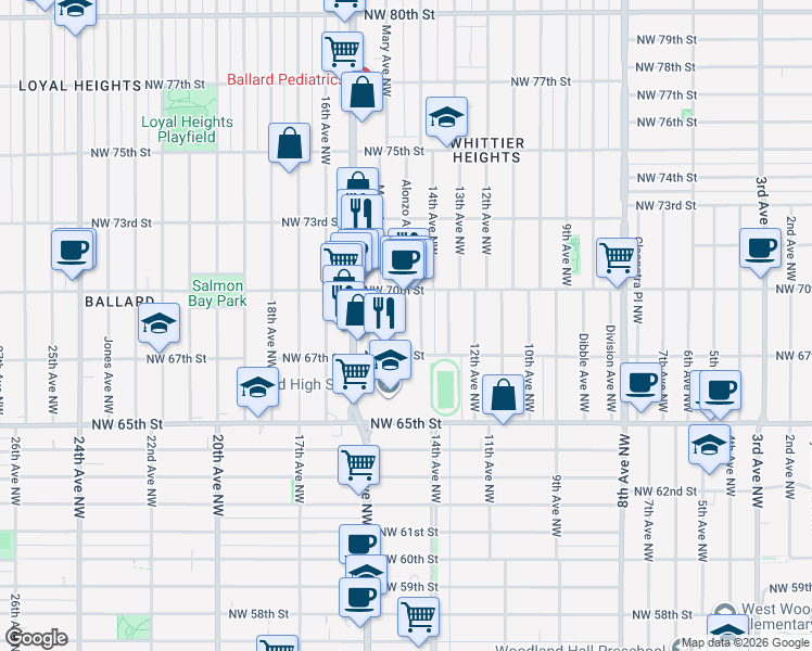 map of restaurants, bars, coffee shops, grocery stores, and more near 6739 14th Avenue Northwest in Seattle