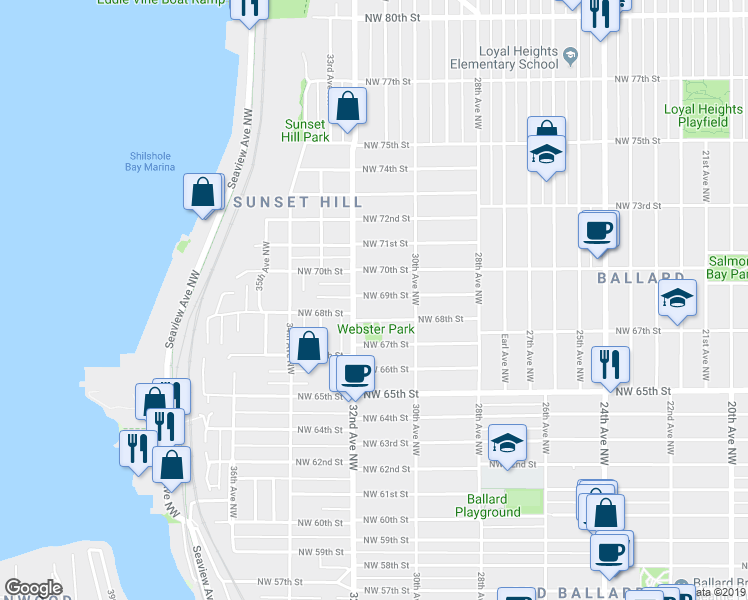 map of restaurants, bars, coffee shops, grocery stores, and more near 3026 Northwest 69th Street in Seattle