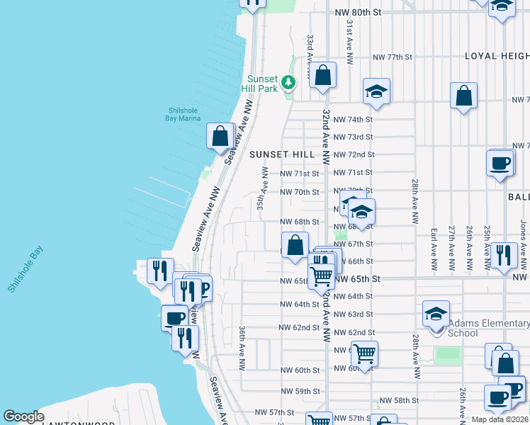 map of restaurants, bars, coffee shops, grocery stores, and more near 6827 34th Avenue Northwest in Seattle
