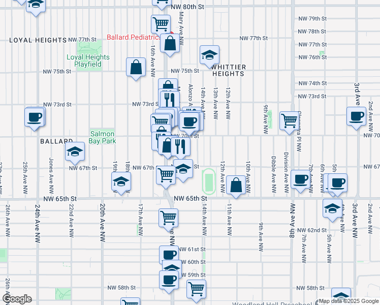 map of restaurants, bars, coffee shops, grocery stores, and more near 6739 14th Avenue Northwest in Seattle