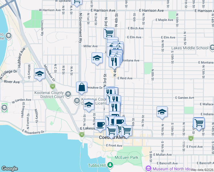map of restaurants, bars, coffee shops, grocery stores, and more near 702 North 3rd Street in Coeur d'Alene