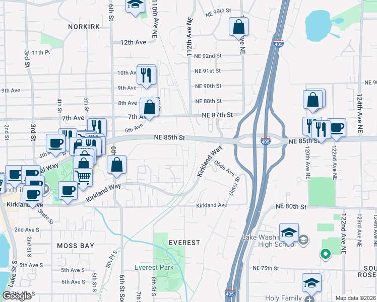 map of restaurants, bars, coffee shops, grocery stores, and more near 420 10th Street in Kirkland