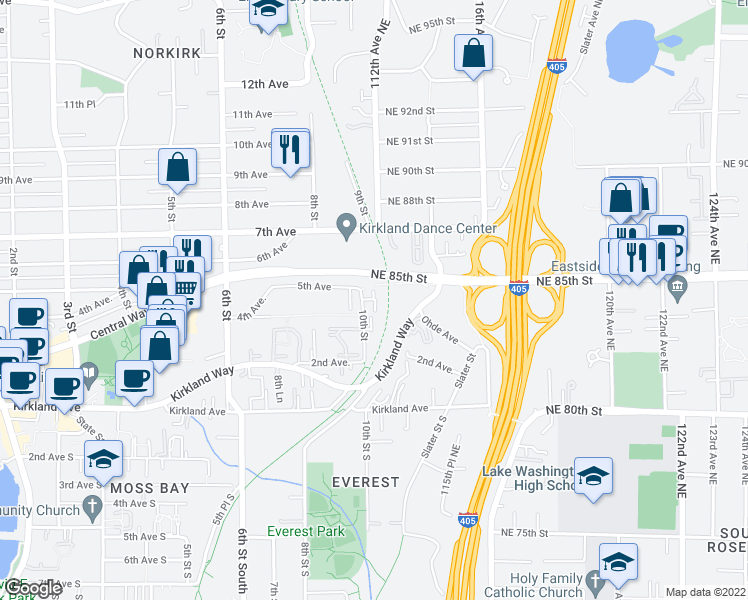map of restaurants, bars, coffee shops, grocery stores, and more near 412 10th Street in Kirkland