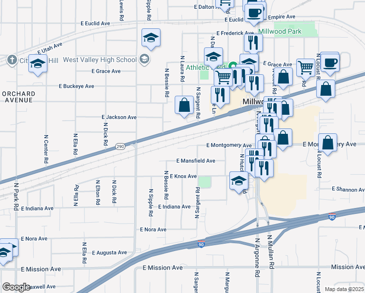 map of restaurants, bars, coffee shops, grocery stores, and more near 10511 East 9th Avenue in Spokane Valley