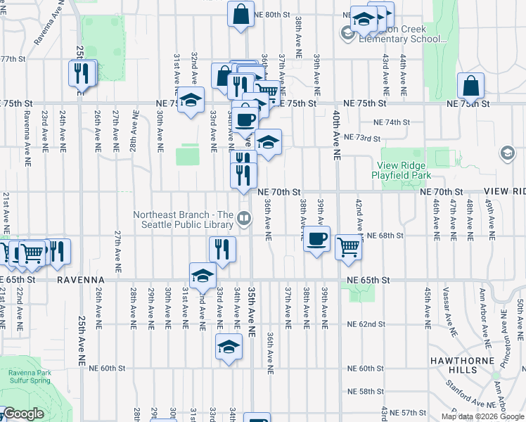 map of restaurants, bars, coffee shops, grocery stores, and more near 6846 36th Avenue Northeast in Seattle