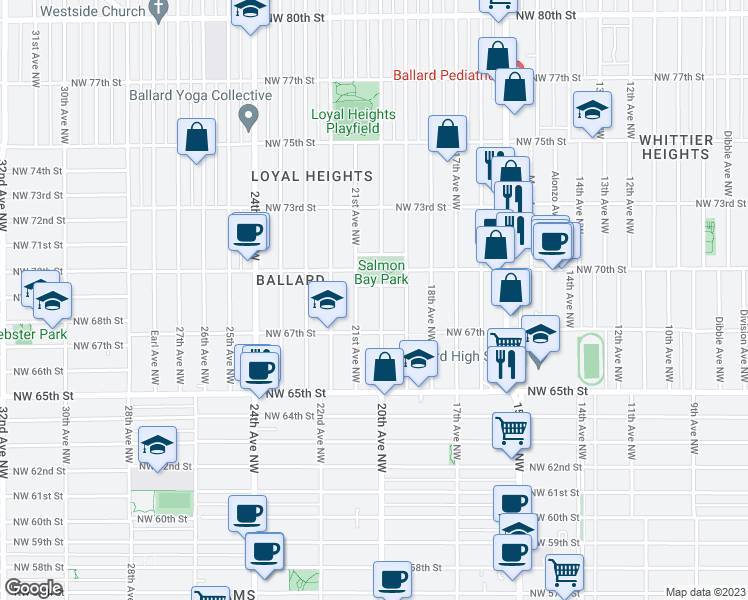 map of restaurants, bars, coffee shops, grocery stores, and more near 6731 20th Avenue Northwest in Seattle